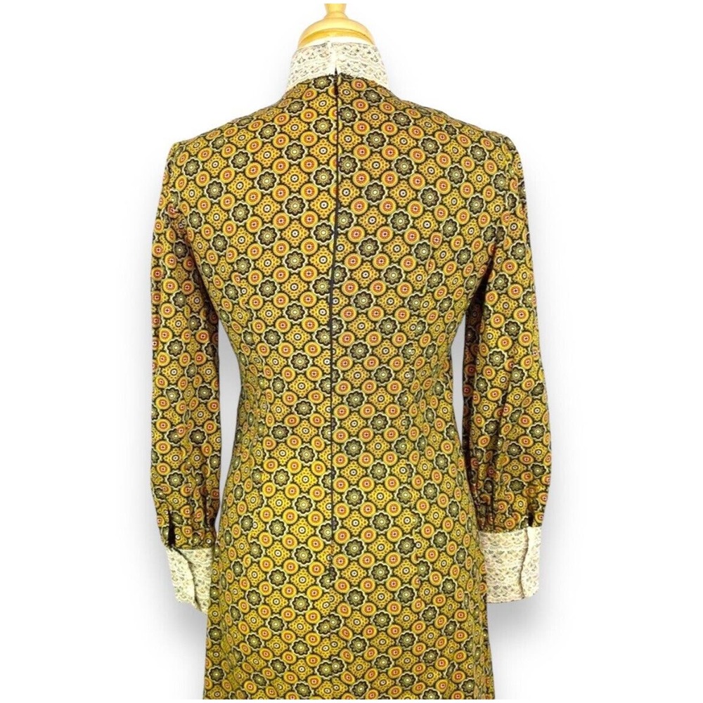 Vintage 60s Handmade Mandala Print Maxi Dress Long Sleeve Gown Lace Trim Hippie - Picture 4 of 9